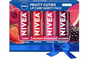 NIVEA Lip Care, Fruity Tinted Lip Balm Variety Pack, Holiday Lip Balm Gifts for Her, With Cherry, Strawberry, Blackberry and Watermelon Flavors, 0.17 Oz Stick, Pack of 4