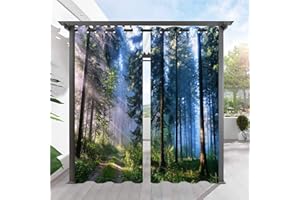 ANHOPE Outdoor Curtains, Grommet Waterproof Window Curtain Panels with Nature Sunshine Tree Forest Print Pattern, Privacy Curtains for Patio/Pergola/Gazebo/Porch/Cabana/Deck, 2 Panels, 36 x 84 Inch