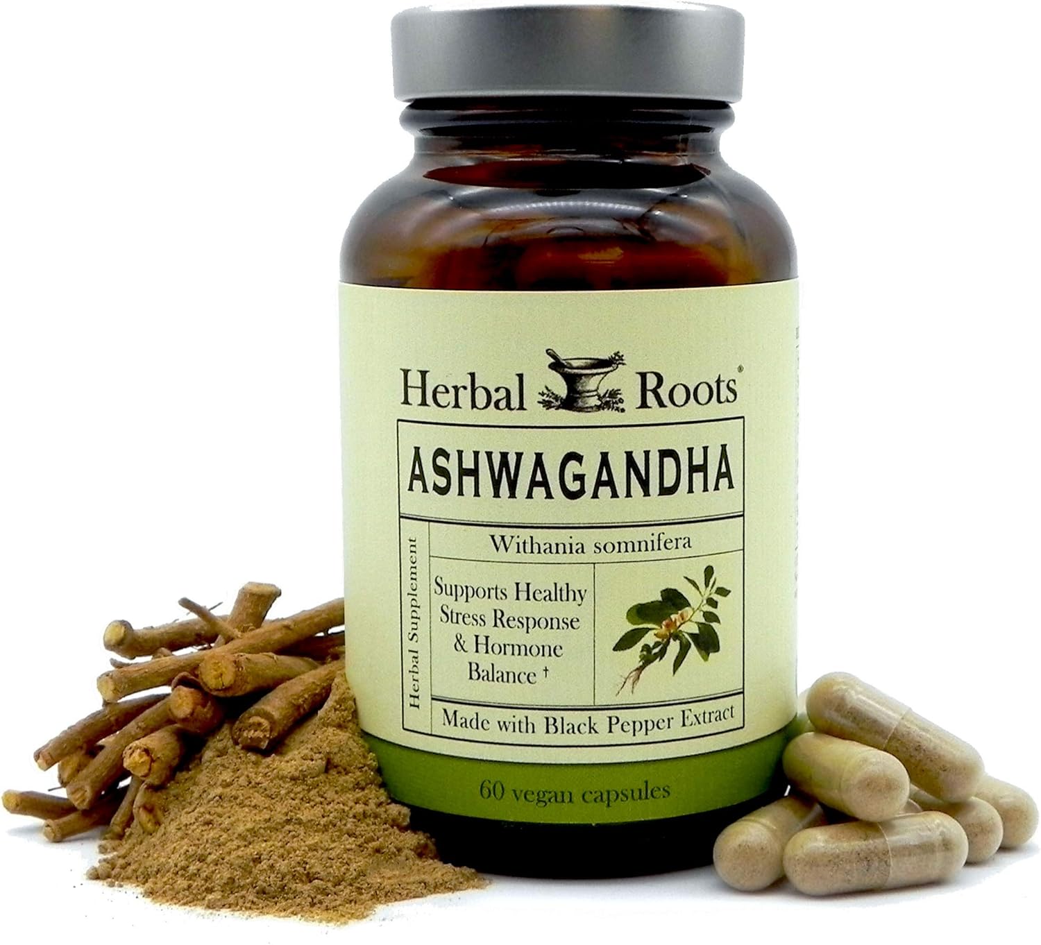 Herbal Roots Ashwagandha Capsules – Extra Strength Pure Organic Ashwagandha Root Powder Extract with BioPerine Black Pepper - 60 Vegan Capsules - Made in USA: Health & Personal Care