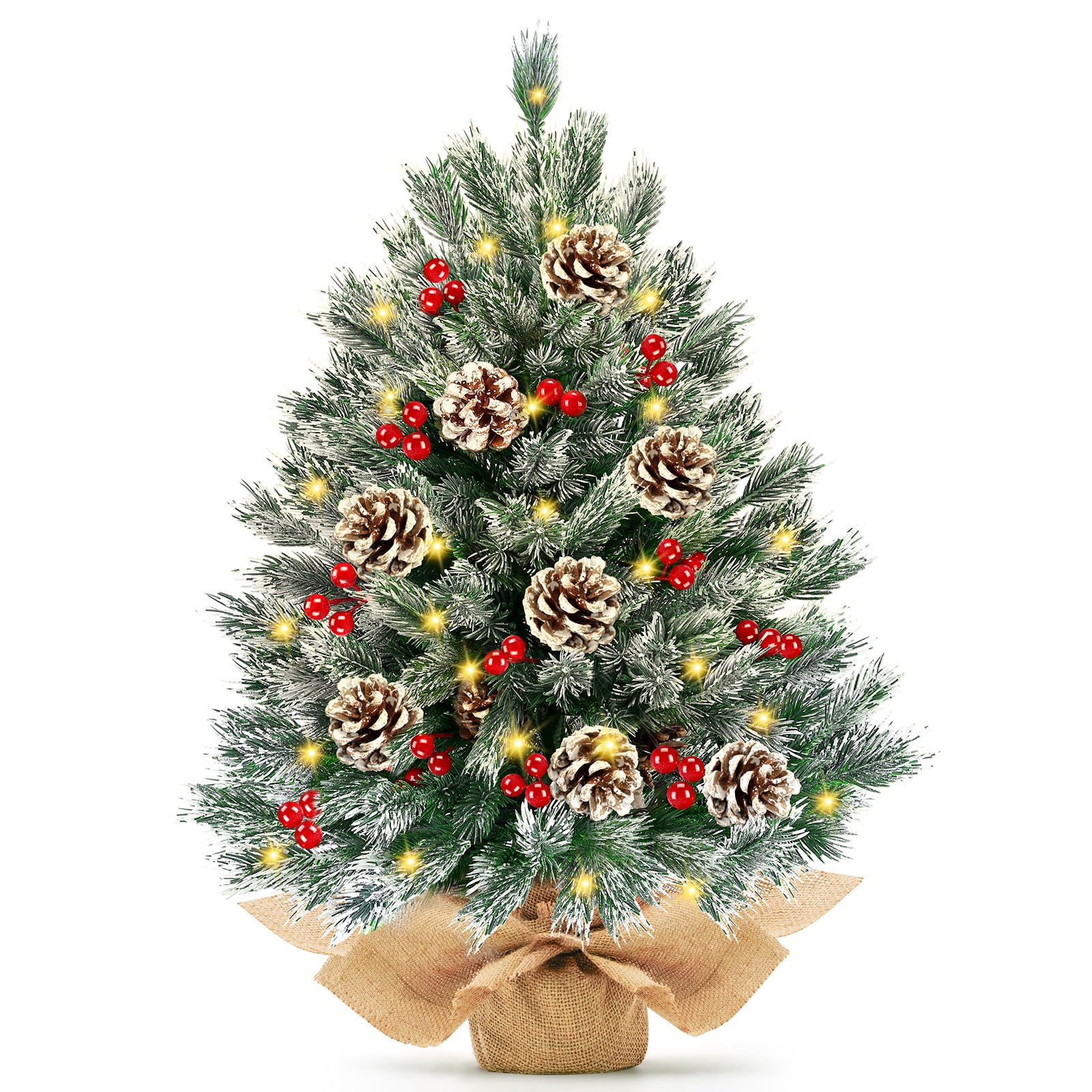 Photo 1 of 24 Inch Realistic Snowy Tabletop Christmas Tree Small Christmas Tree with 50 Warm Lights Battery Operated Xmas Tree Berry Pinecone Burlap Base Indoor Home Table Christmas Decorations