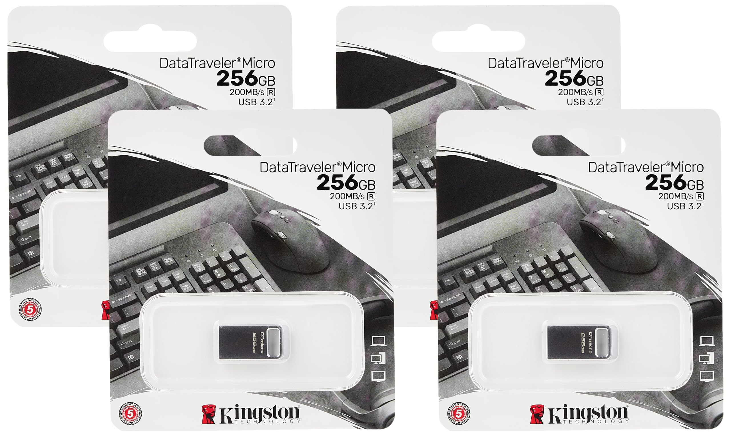 Kingston DataTraveler Micro 256GB USB Flash Drive | Ultra-Small Premium Metal Design | USB 3.2 Gen 1 | Speeds up to 200MB/s | DTMC3G2/256GB,Silver (Pack of 4) Image