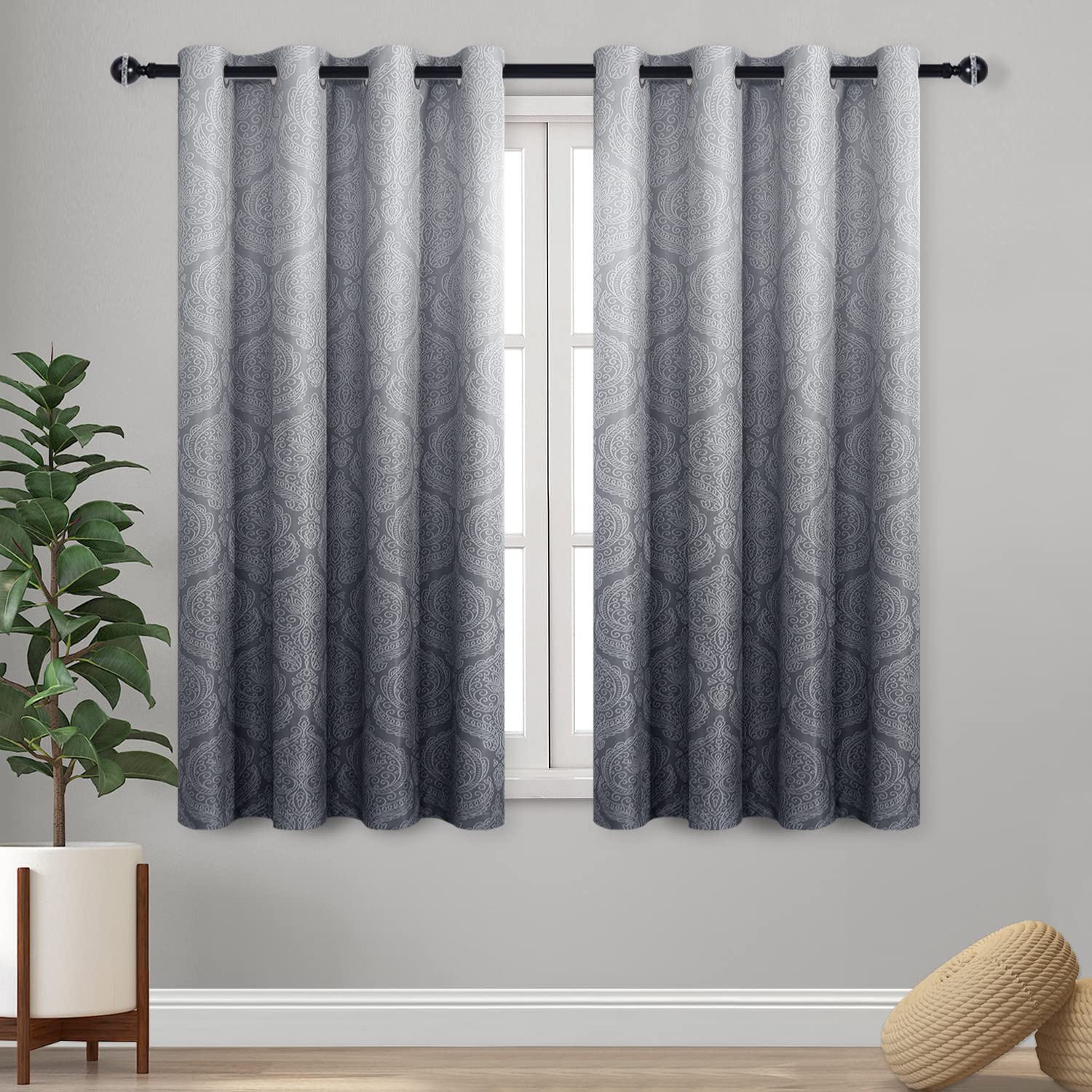 DWCN Grey Blackout Curtains - Ombre Damask Thermal Insulated Light Blocking Grommet Curtains for Bedroom and Living Room, Set of 2 Gradient Medallion Curtain Panels, 52 x 54 Inch Length Image
