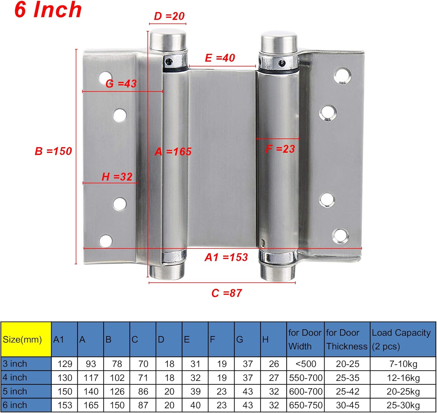 LOOTICH Heavy Duty Double Action Stainless Steel Spring Hinges 6” (153mm) Self Closing for Swing Doors Freegate Saloon Cafe Bar Counter Door Load Capacity 30kg Satin (2 PCS) - Image 4