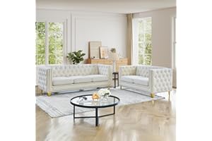 JEEOHEY Chesterfield Sofa Set of 2, Modern Velvet Couch with Button Tufted & Nailhead Trim, Upholstered Deep Seat Couch, Comfy Sofa for Living Room, Bedroom, Apartment, Office(58" W + 80.5" W, Beige)