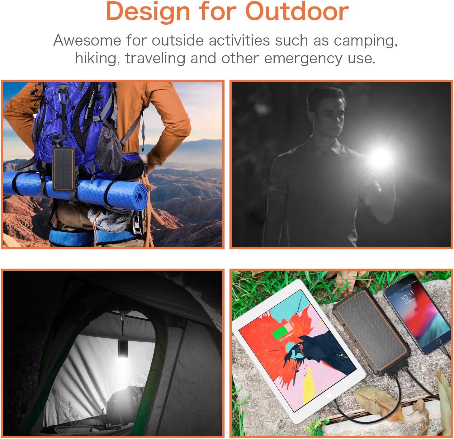 Solar Charger 20000mAh, Wireless Portable Solar Power Bank External Backup Battery, 3 Output Ports, 4 LED Flashlight, Carabiner, IP54 Rainproof for Camping, Outdoor Activities