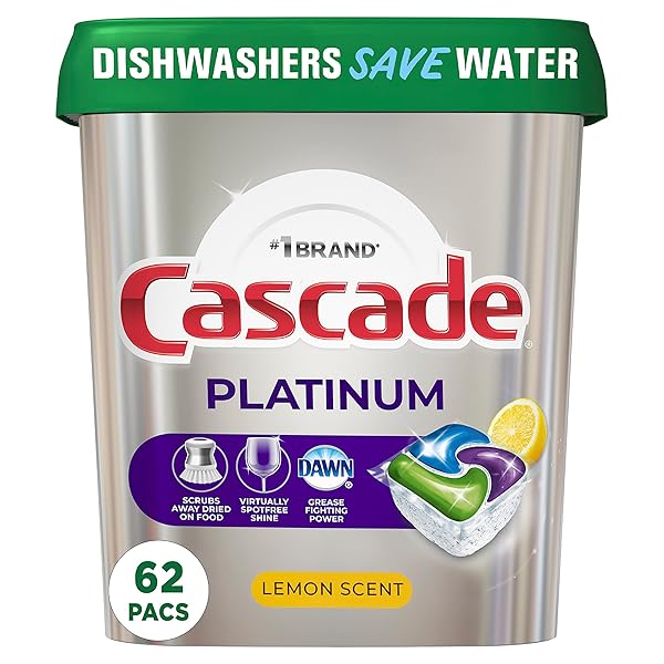 CASCADE PLATINUM DISHWASHER PODS, DISHWASHER DETERGENT, DISHWASHER SOAP, ACTIONPACS, LEMON, 62 COUNT