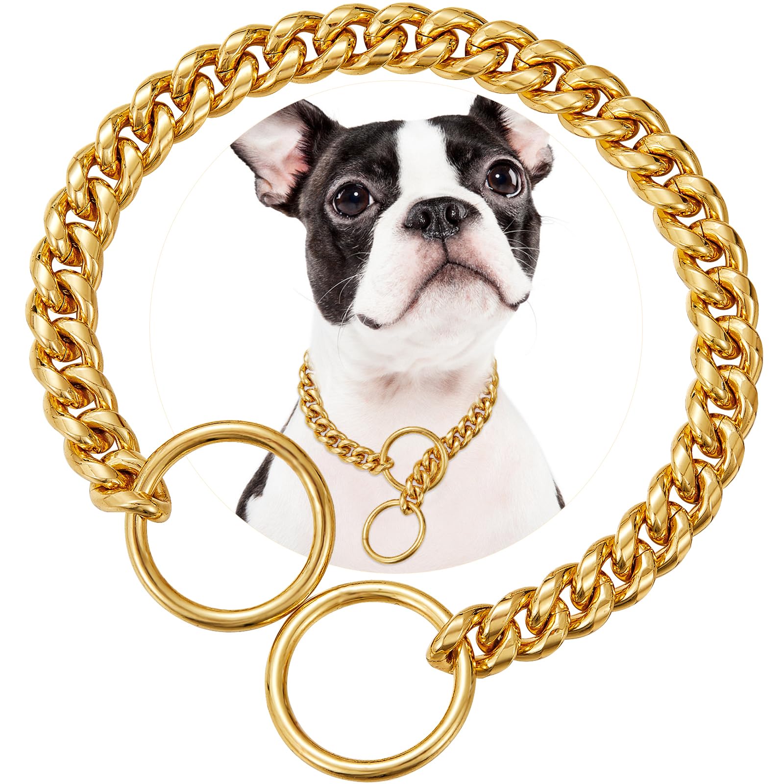 P Chain Collar, 10MM wide, 18K Gold Plated Cuban Link Strong Heavy Duty Chew Proof for Small Medium Big Dogs (25cm)