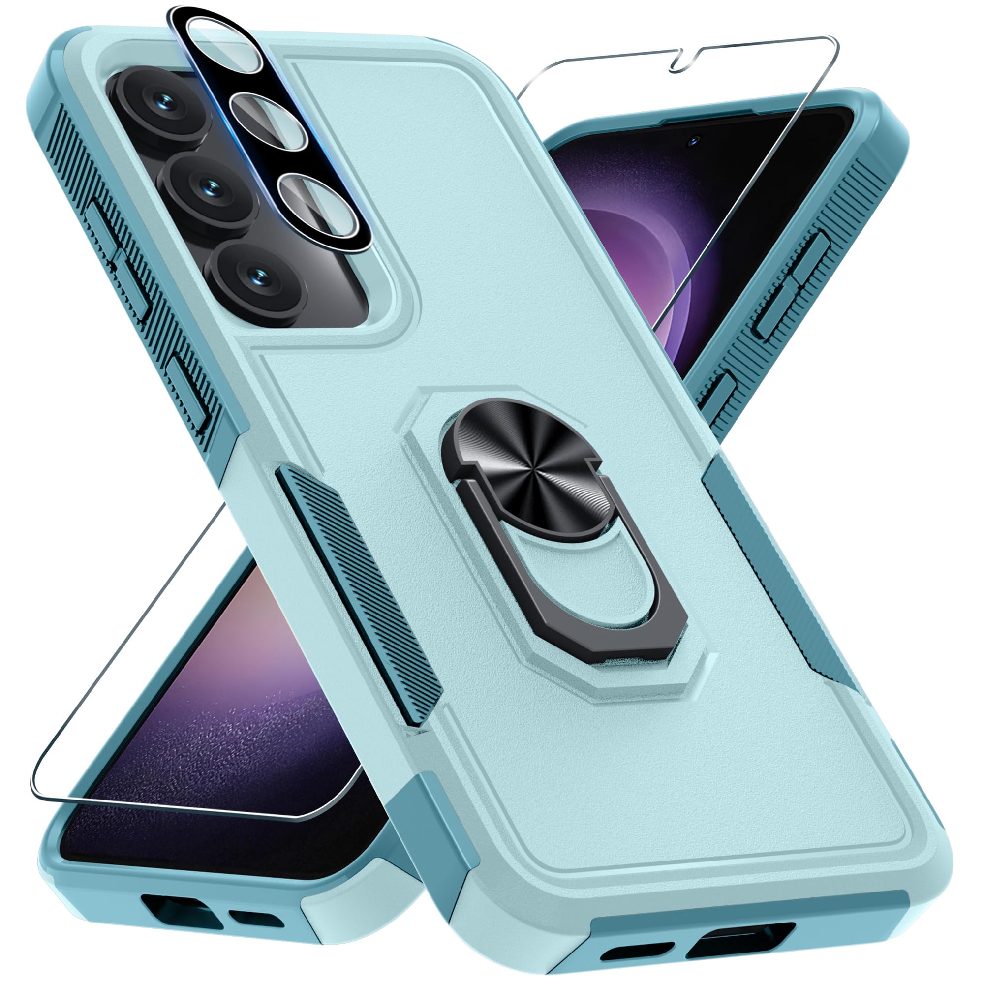 Photo 1 of for Samsung Galaxy S25 Plus/S24 Plus Case with Screen Protector+Camera Lens Protector,Heavy Duty Shockproof Full Body Protective Cover Built in Rotatable Metal Ring Holder Kickstand,2025 Mint Green
