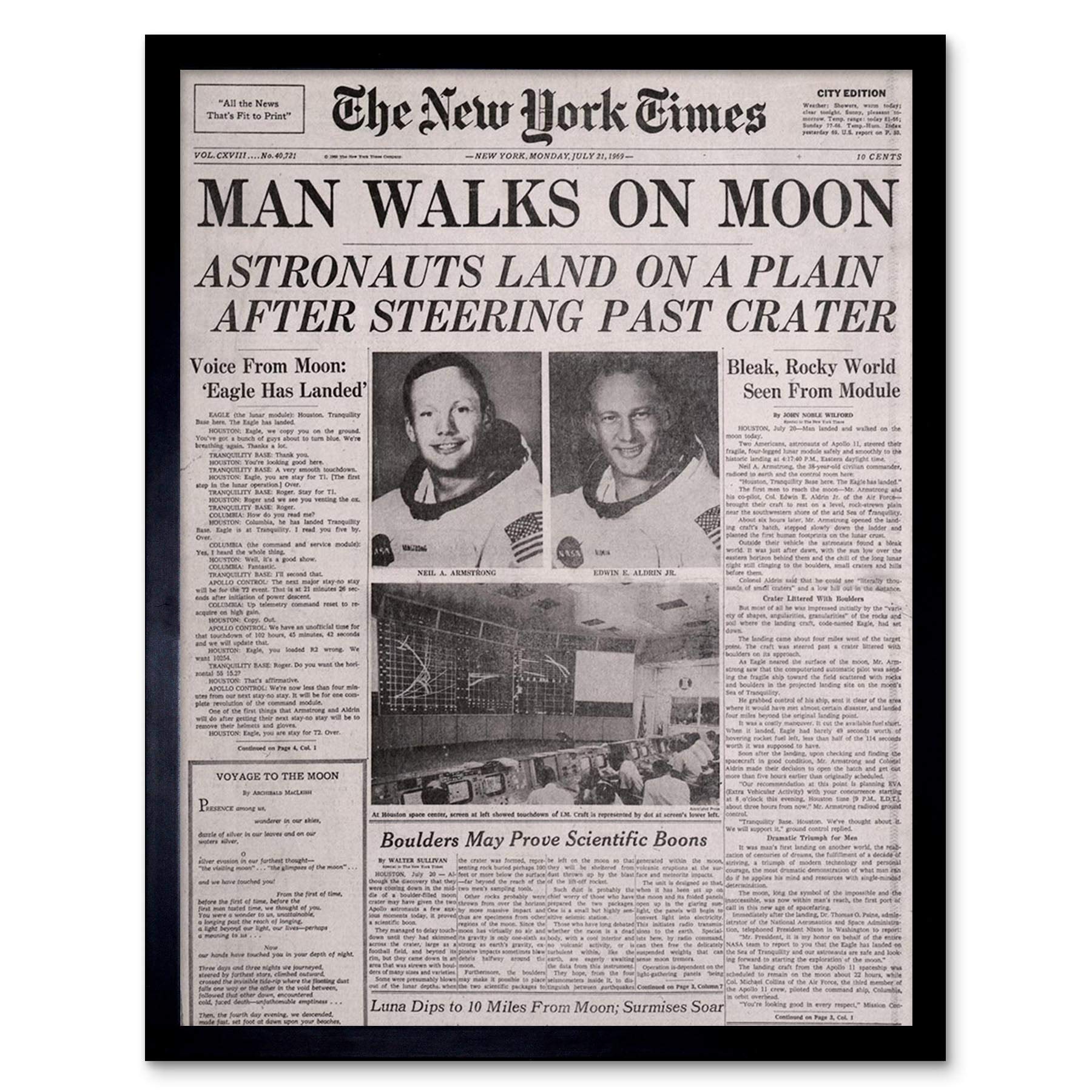 Wee Blue Coo Vintage Space Newspaper Moon Aldrin Armstrong Art Print Framed Poster Wall Decor 12X16 Inch