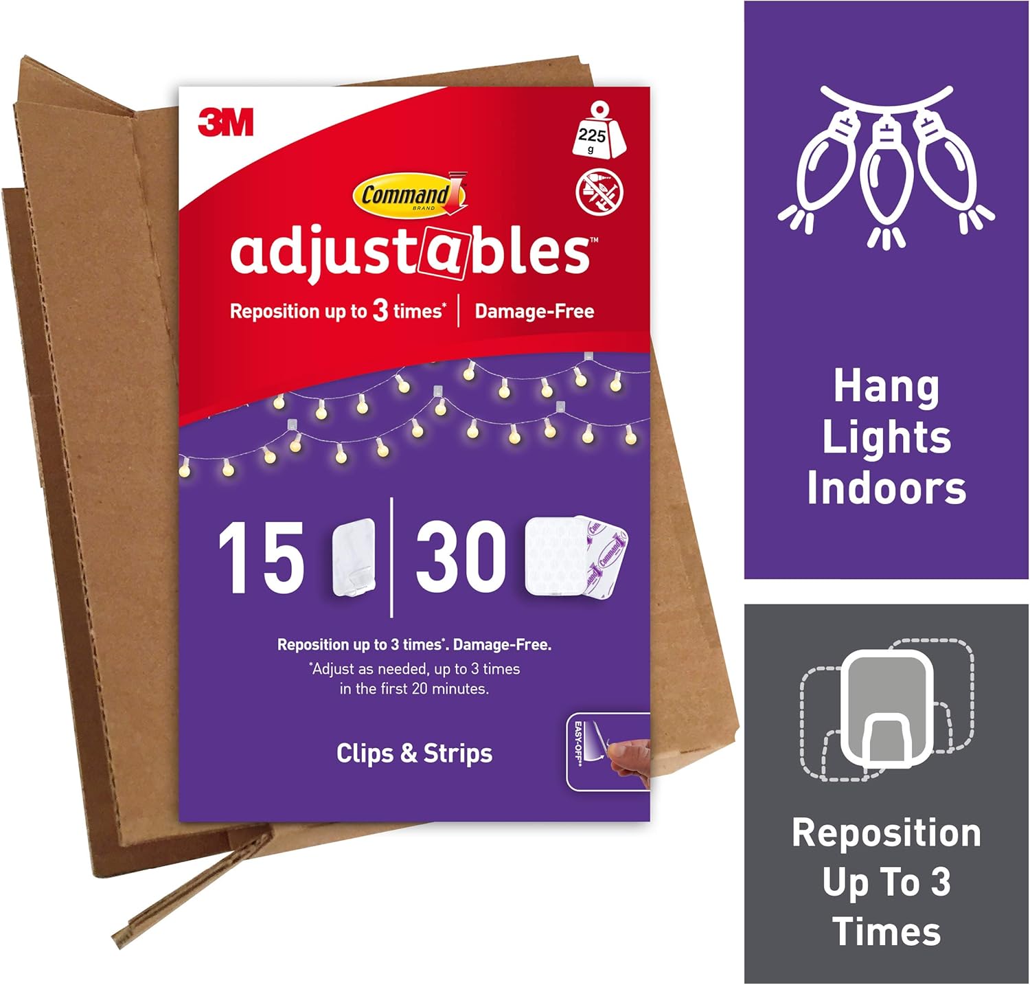 Command Adjustables Repositionable Clips, Pack of 15 Clips and 30 Strips, Transparent - Image 3