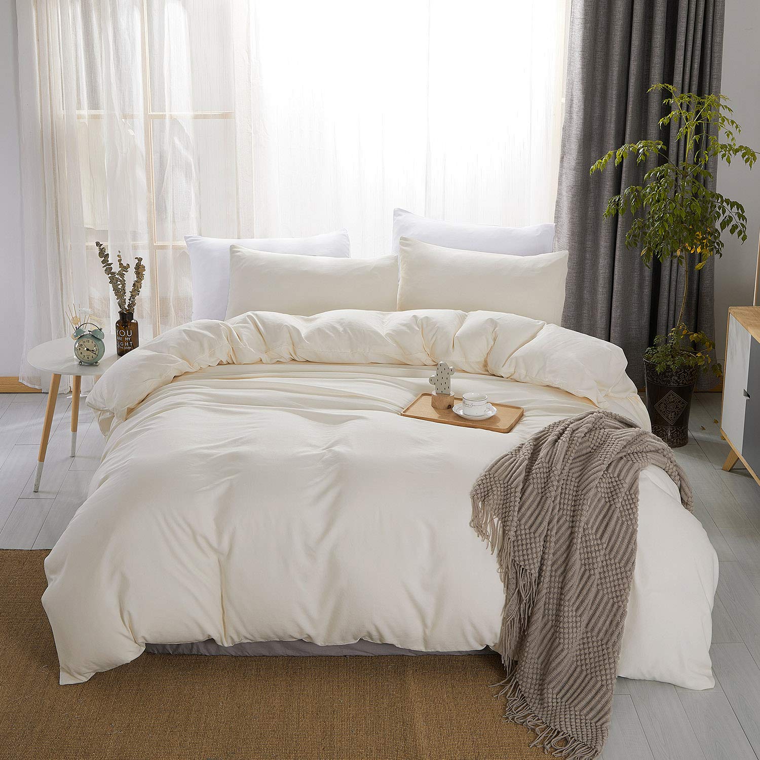 JML Duvet Cover Queen Size, 3 Pieces Washed Microfiber Queen Duvet Cover Set with Zipper Closure Corner Ties - Soft, Skin Friendly and Breathable Queen Size Bedding Cover for All Season, Ivory