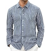 Damipow Mens Linen Cotton Striped Long Sleeve Dress Shirt Casual Button Down Shirt