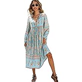 R.Vivimos Women's Long Sleeve Floral Print Retro V Neck Tassel Bohemian Midi Dresses