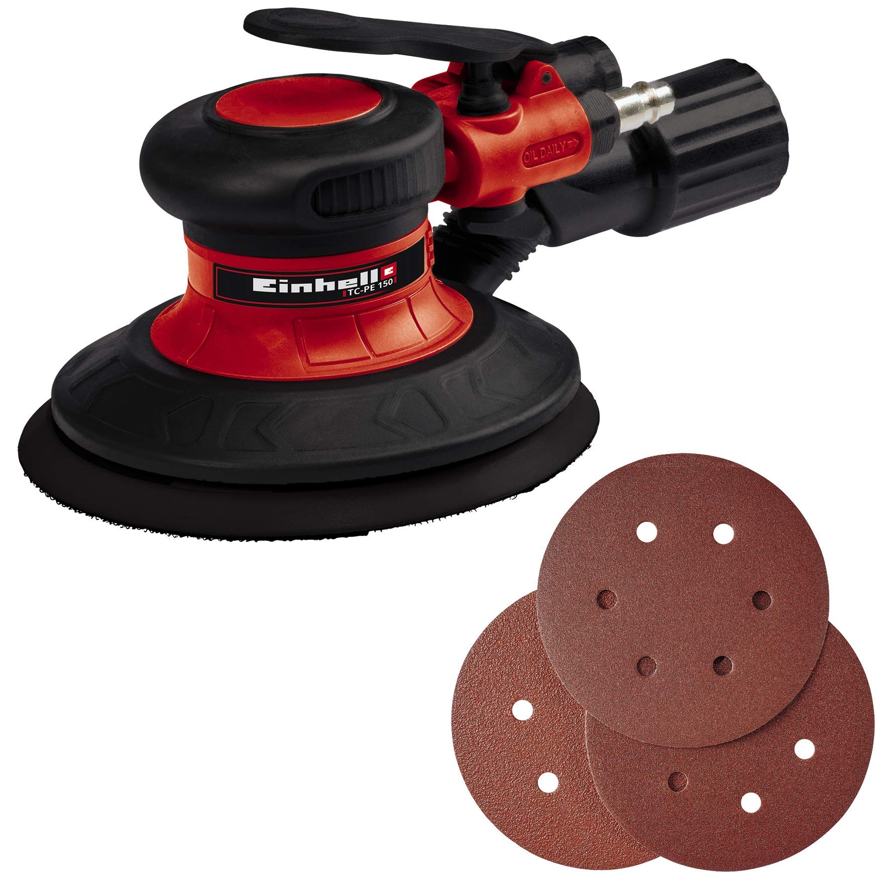Einhell TC-PE 150 Compressed Air Random Orbital Sander (150 mm Sanding Disc Diameter, Continuous Control Lever, Includes 6 Sandpapers, Plug Nipple, Tension Wrench)
