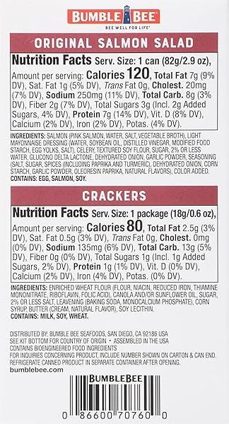 BUMBLE BEE SNACK ON THE RUN! PROTEIN SNACK PACK – 8G PROTEIN PER BOX – SALMON SALAD WITH CRACKERS KIT – READY TO EAT EASY-OPEN CAN – WILD CAUGHT MSC-CERTIFIED SEAFOOD (PACK OF 1)