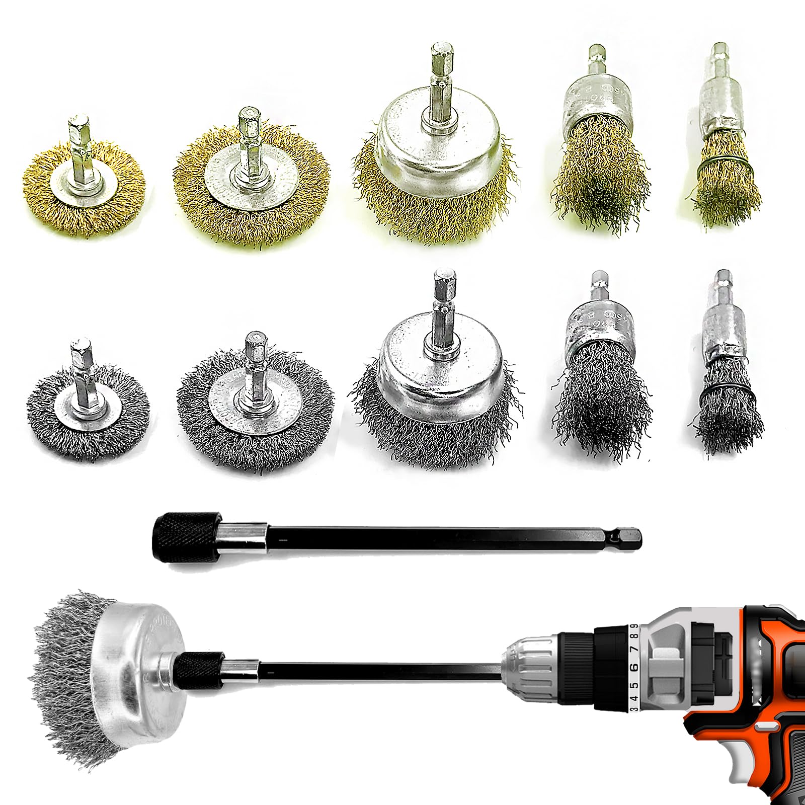 Daily Treasures 10 Pack Wire Wheel Cup Brush Set for Drill Abrasive with 1/4" Hex Shank, Extension Rod for Safty, Brass Coated Crimped Drill Sanding Attachment, Metal Brush for Drill Rust Removal