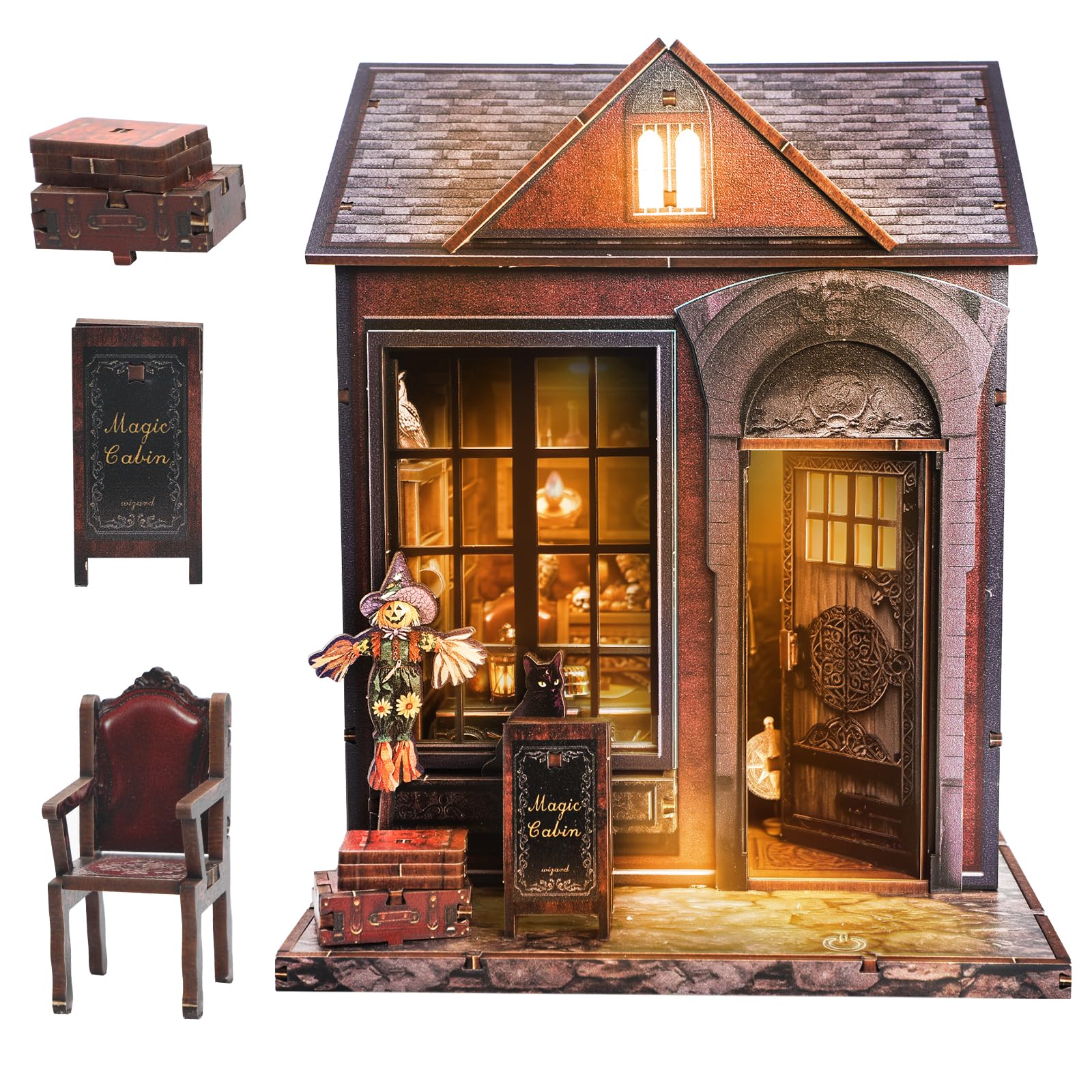 Joibabe DIY Miniature House Kit,Mini Buliding Kit,Magic Library Book Nook Kit for Adult and Teens, Dollhouse,Tiny House, 3D Wooden Puzzle with LED Lighting, Gifts for Family, Friends