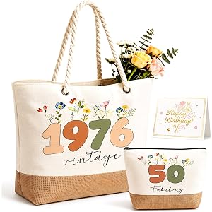 TUZELIYA 50th Birthday Gift Set for Women, Vintage 1976 Canvas Tote Bag Set, 50th Handbag Set with Cosmetic Bag Greeting Card