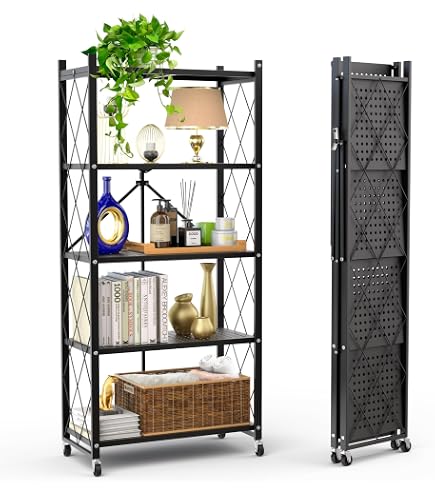 HealSmart 4-Tier Heavy Duty Foldable Shelving Unit With Wheels – 520 Lbs Capacity, Black