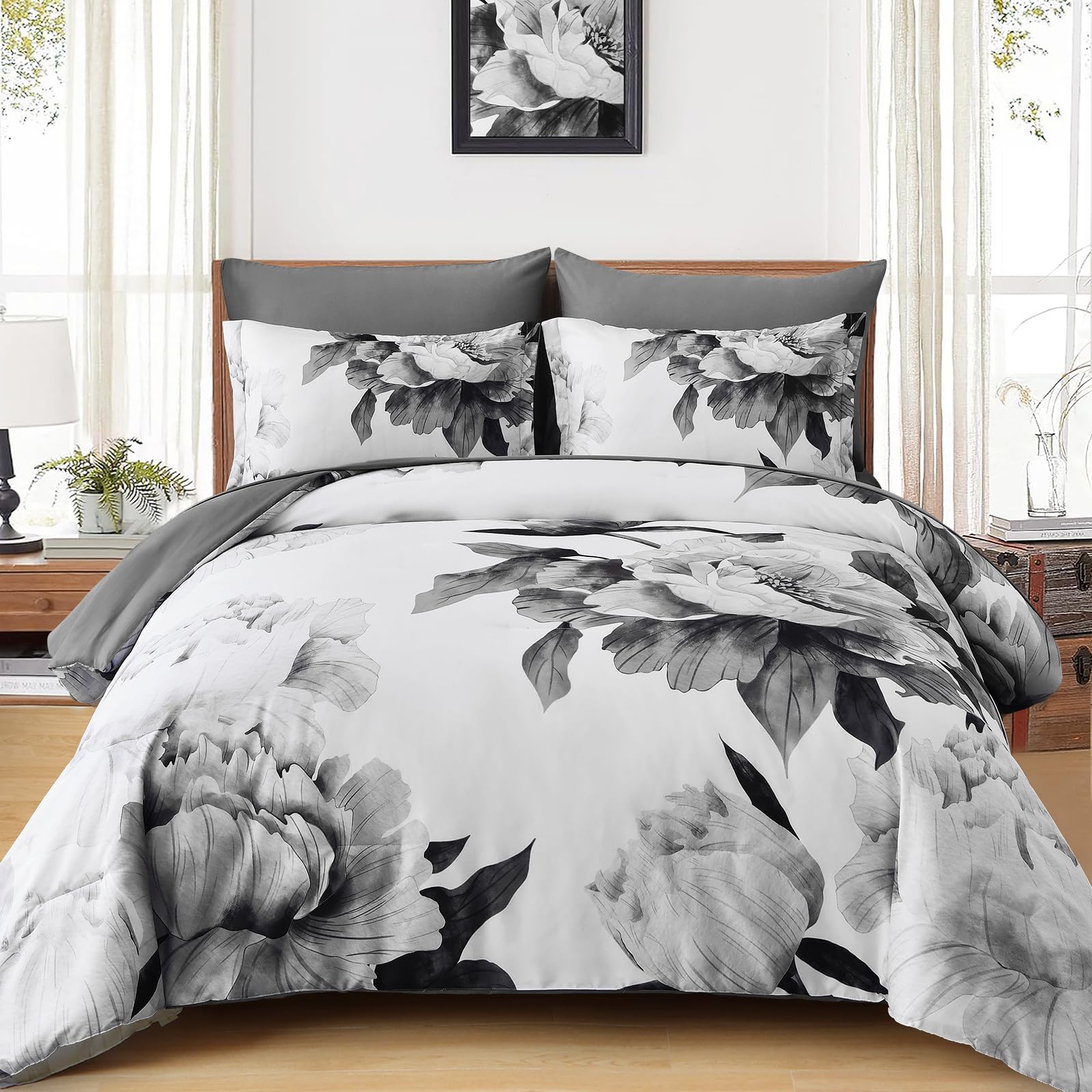 Photo 1 of Dobuyly California King Comforter Set 7 Piece Bed in a Bag, Grey Floral Printed on White Comforter Set with Sheets, Soft Microfiber Botanical Cal King Bedding Set for All Season