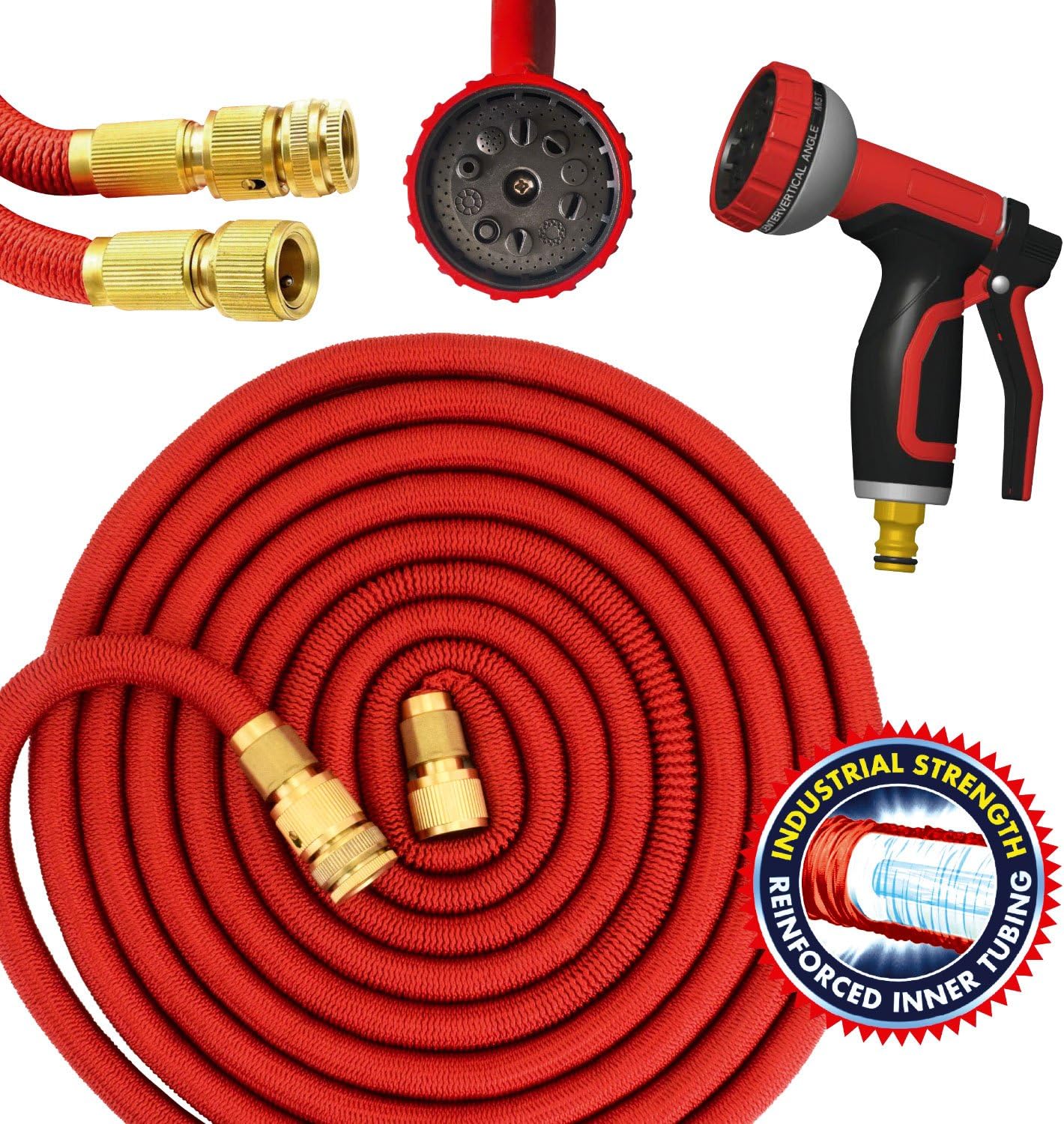 Parkland Red Garden Hose Pipe Expandable Magic Hose Stretch Hosepipe with Solid Brass Ends & 10 Function Spray Gun Double Latex Core Extra Strength Fabric (50ft)