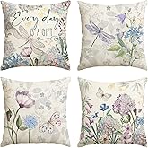 AVOIN colorlife Every Day is A Gift Hydrangea Throw Pillow Covers, 18 x 18 Inch Spring Summer Floral Butterfly Dragonfly Decoration Cushion Case for Home Sofa Couch Set of 4