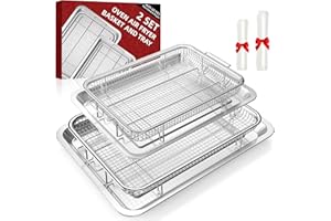 Air Fryer Basket for Oven, 2 Set Oven Air Fryer Basket and Tray with 60 PCS Parchment Papers, DEGOVIN Crisper Tray Non-stick Stainless Steel Air Fry Pans for Convection Oven(15.8" × 11" & 13" × 9.7")