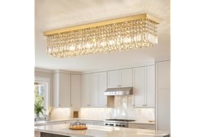 Siljoy Modern Crystal Chandelier 8 Lights Rectangular Gold K9 Crystal Raindrop Chandelier Flush Mount Pendant Ceiling Light Fixture for Dining Room Living Room Kitchen Island Bar 40 Inch