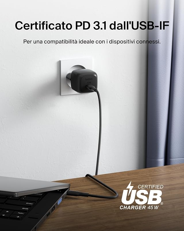 Caricatore da parete compatto da 45 W, ricarica rapida USB-C Power Delivery per Apple iPhone 16, 16 Plus, 16 Pro, 16 Pro Max, 15 Series, Samsung Galaxy S25, iPad, AirPods e altri, nero