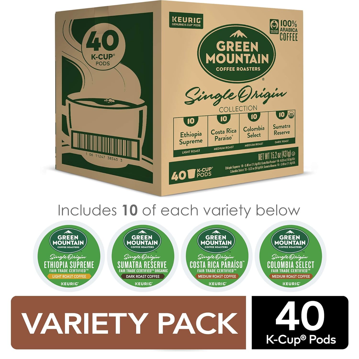 Green Mountain Coffee Single Origin Collection, Keurig Single-Serve Coffee K-Cup Pods, Variety, 40 Count