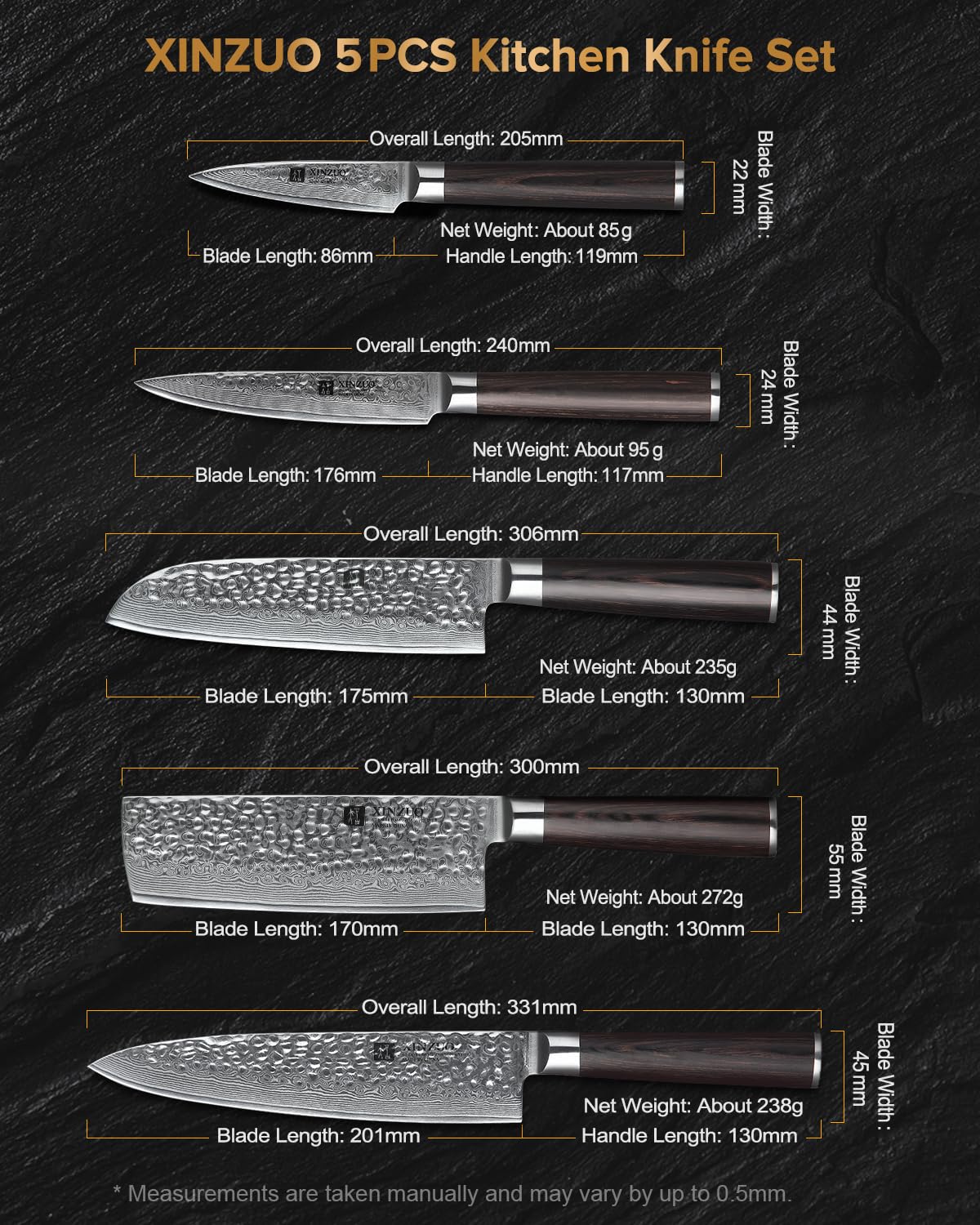 XINZUO Damaskus Küchenmesser Set 5er, Scharf Gyuto VG10 Edelstahl mit Hohem Kohlenstoffgehalt Chefmesser Santokumesser Nakirimesser Allzweckmesser Obstmesser Ergonomischer Pakkaholz Griff 6