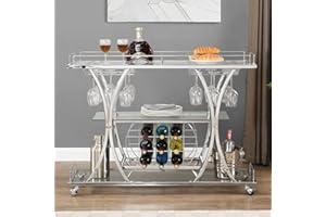 KIVENJAJA Silver Bar Cart, Kitchen Serving Cart with Wine Racks & Glass Holder, Mobile 3-Tier Mirrored Shelves Chrome Metal Beverage Liquor Barcart Trolley on Wheel for Home