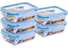 Kit com 5 Potes de Vidro Gato Panda, 640 ml, Retangular, com Tampa Hermética, Azul