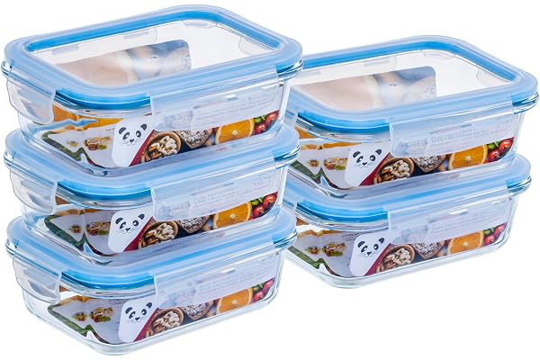 Kit com 5 Potes de Vidro Gato Panda, 640 ml, Retangular, com Tampa Hermética, Azul