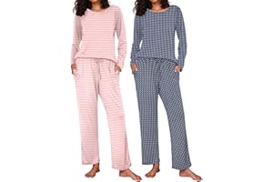 Ekouaer 2 Pack Women's Pajama Set Long Sleeve Top with Jogger Pants Lounge Sets Sleepwear Loungewear with Pockets