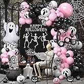 Halloween Balloon Arch Kit, Black Pink Balloons Garland Arch Kit with Large Ghost and BOO Foil Balloon, Eyes Bat Ghost Printed White Balloons For Halloween Decorations Home Garden Party Supplies