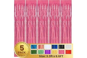 PABUES 5 Pack 3.3 x 6.6 FT Pink Foil Fringe Backdrop Curtain, Streamer Backdrop Curtains, Streamers Birthday Party Decorations, Fringe Backdrop for Graduation, Baby Shower, Gender Reveal