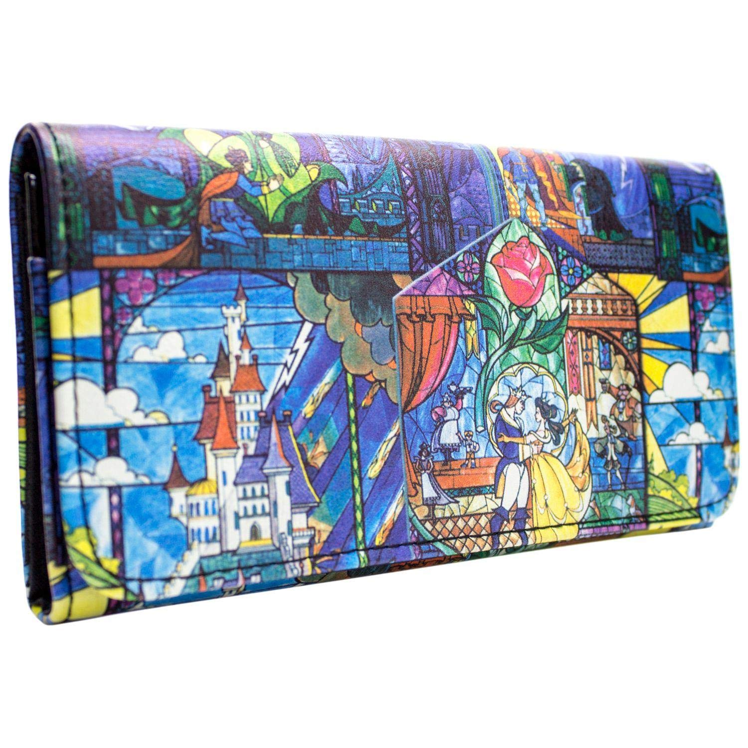 Beauty and the Beast Stained Glass Rose Montage Purse Tri-Fold Coin Pocket & Card Holder, Blue