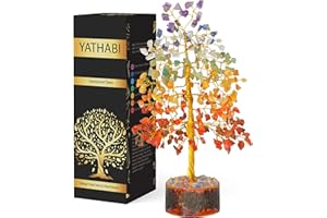 YATHABI Seven Mix Chakra Tree Natural Healing Crystal Gemstone Feng Shui Money Bonsai Trees Home Decor Prosperity Aura Cleansing for Wealth and Luck Golden Wire Size 10 Inch
