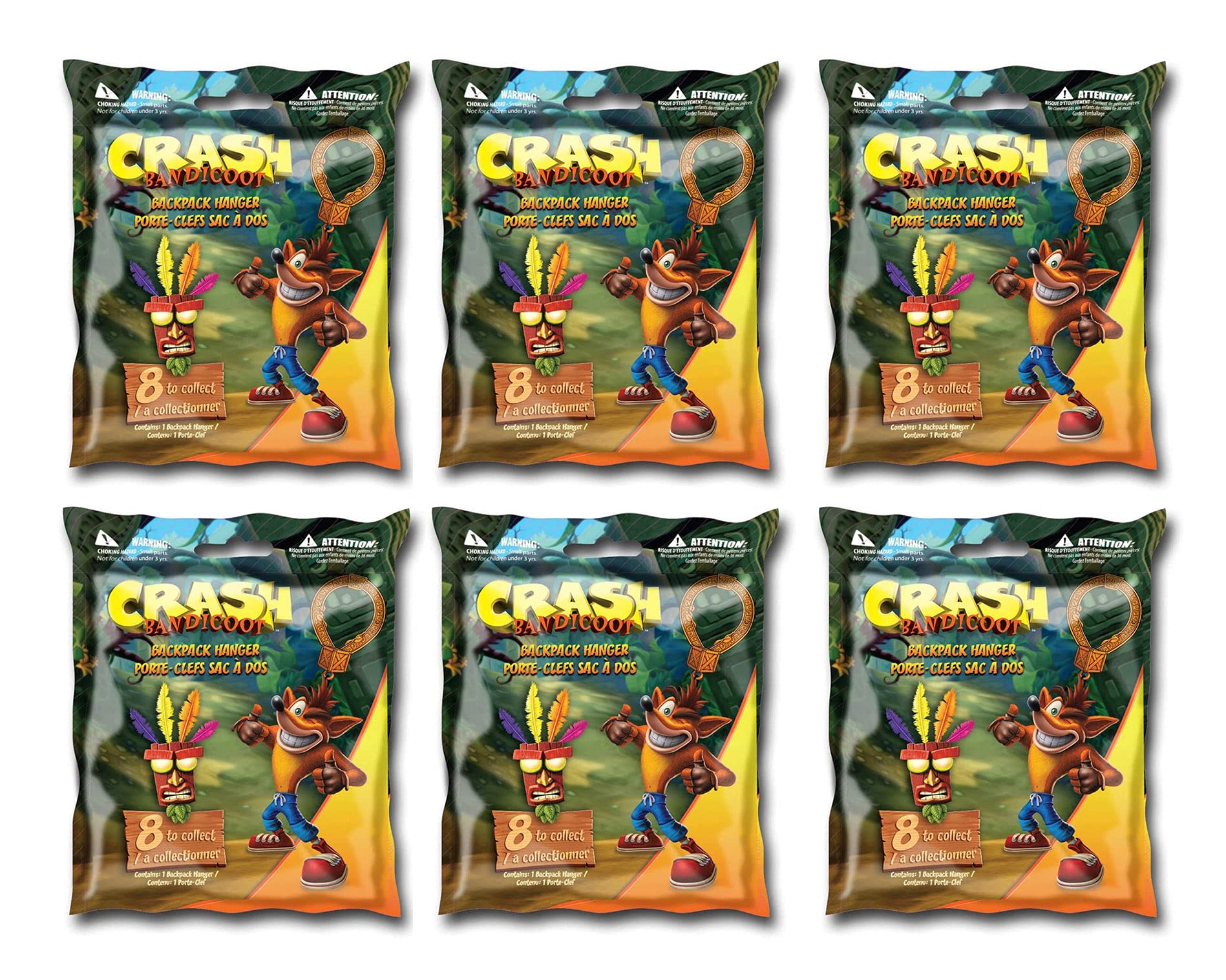 Crash Bandicoot 6cm Highly Collectible Keyring Bag Backpack Clip Hanger 3D Figure Mystery Foil Bag 6 Pack