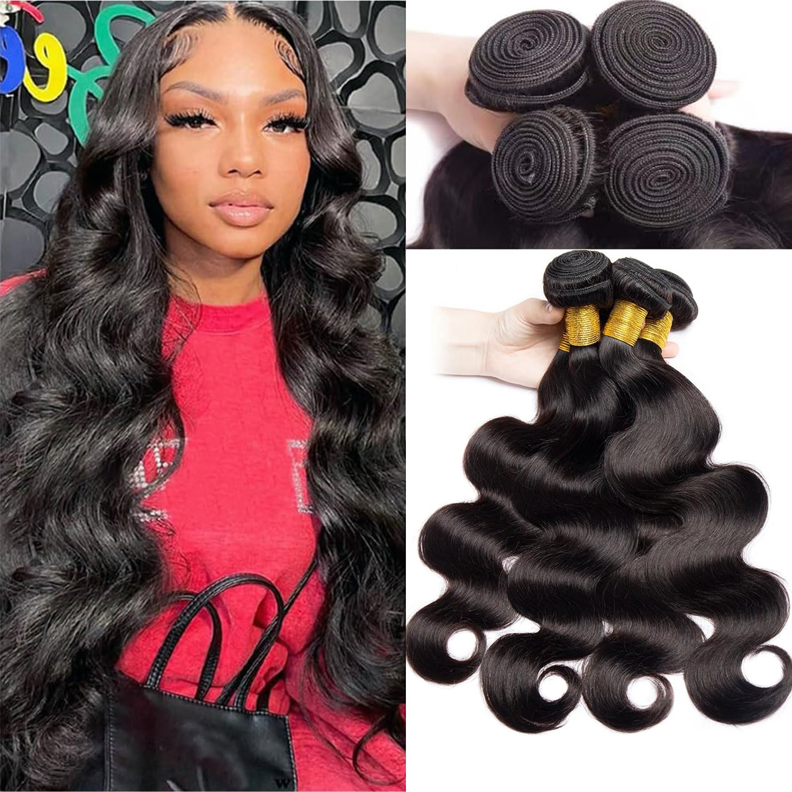 Huarisi Body Wave Human Hair Bundles, Brazilian Wavy Hair 4 Bundles 12 14 16 18 inch, Brazilian Virgin Hair Body Wave Weaves, 10A Unprocessed Remy Hair Extensions for Full Head — image 1