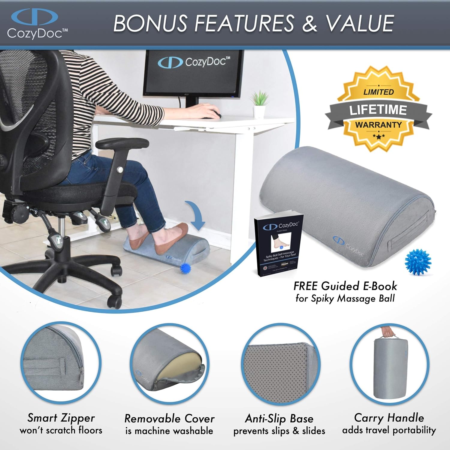 CozyDoc Ergonomic Foot Rest Cushion Under Desk + Massage Ball | The Most Comfortable Footrest for Home, Office, Travel | Doctor Designed Orthopedic Foam for Feet, Knee, Back Pain Relief【Gray】 : Office Products