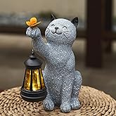 Elegondrar Solar Cat Garden Statue Outdoor Decor, Cat Sculpture with Lantern and Butterfly for Yard Lawn Patio Balcony, Christmas, Birthday Housewarming Gifts for Mom, Grandma, Women, 9.4 inch, Resin