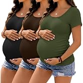 Sweetyweee 3 Pack Women's Maternity Tops | Ribbed, Cotton, Pregnancy Shirts, Short Sleeve, Side Ruched, Casua,l Scoop Neck, Mama Tees, Basic, Work