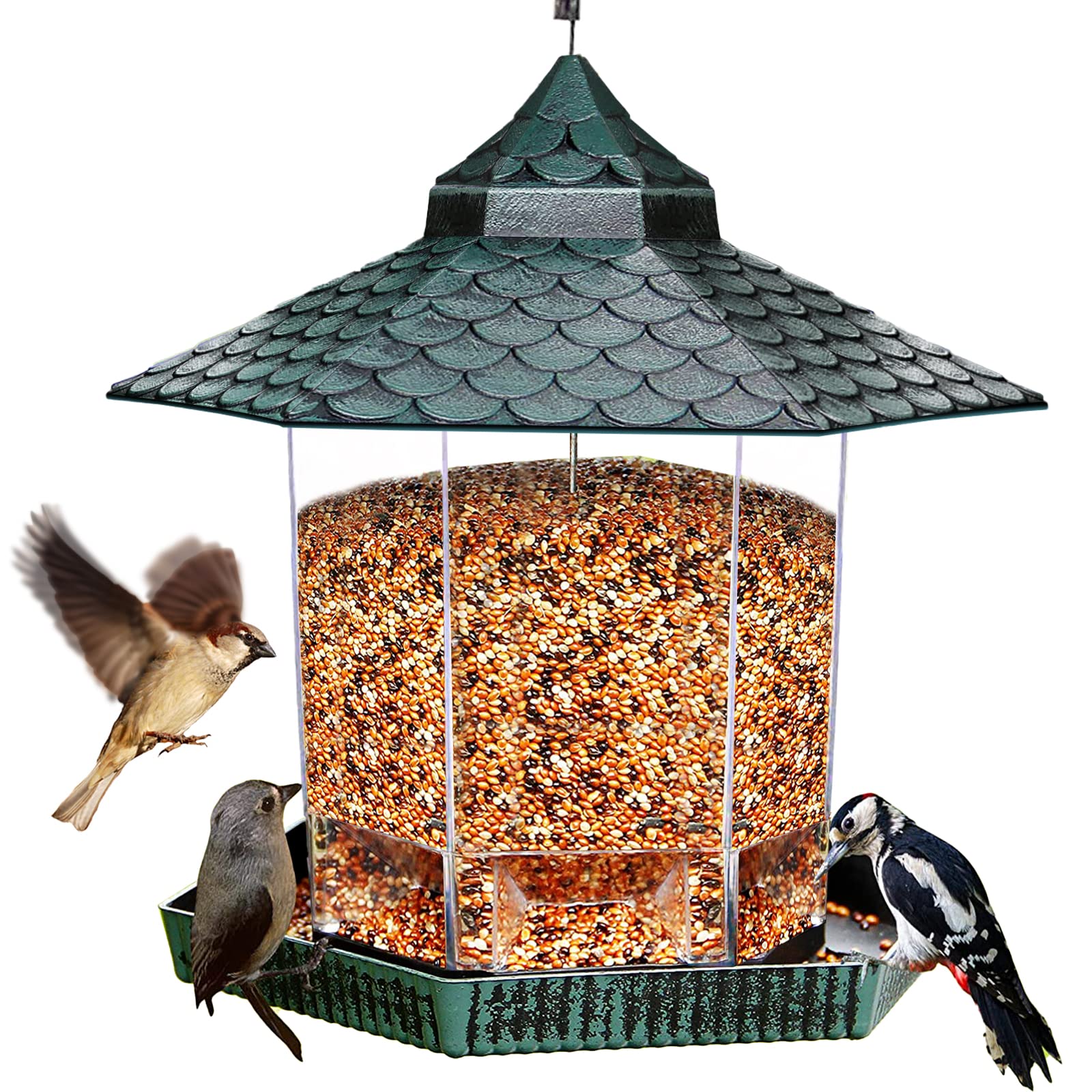 Photo 1 of Twinkle Star Wild Bird Feeder Hanging for Garden Yard Outside Decoration, Hexagon Shaped with Roof, Green