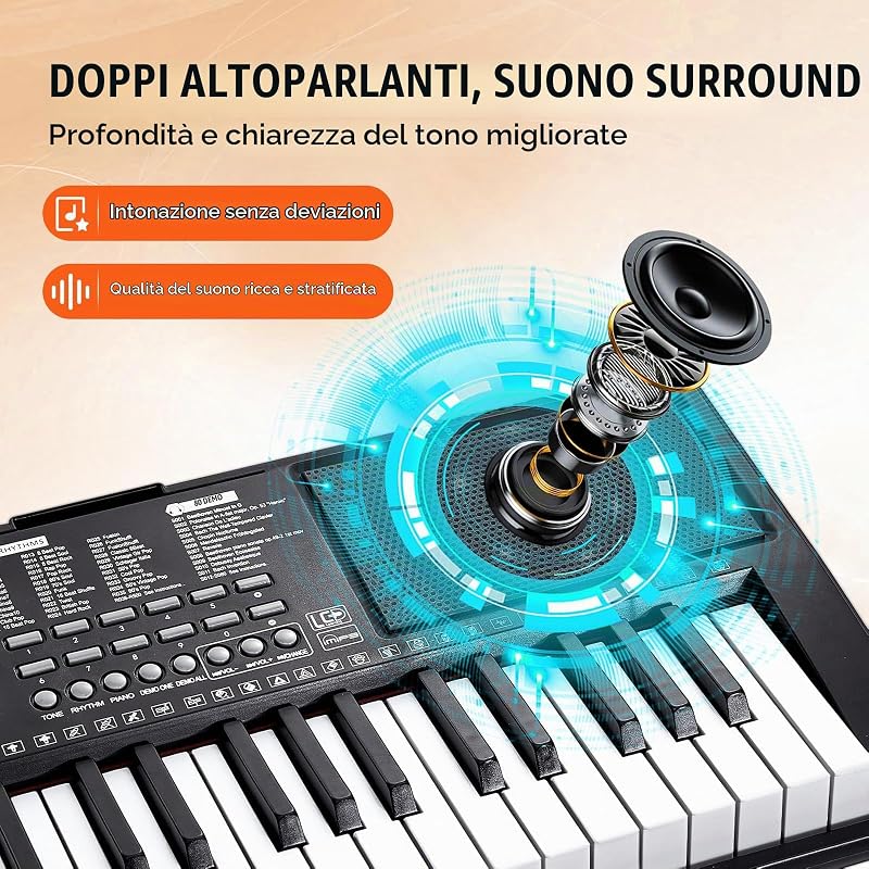 Pianoforte Digitale Tastiera, 61 Tasti, Pianoforte Elettrico Portatile, Supporto, 600 Toni, 500 Ritmi, Altoparlanti Incorporati, Pedale Sustain, Cuffie, Microfono, USB MIDI, per Principianti