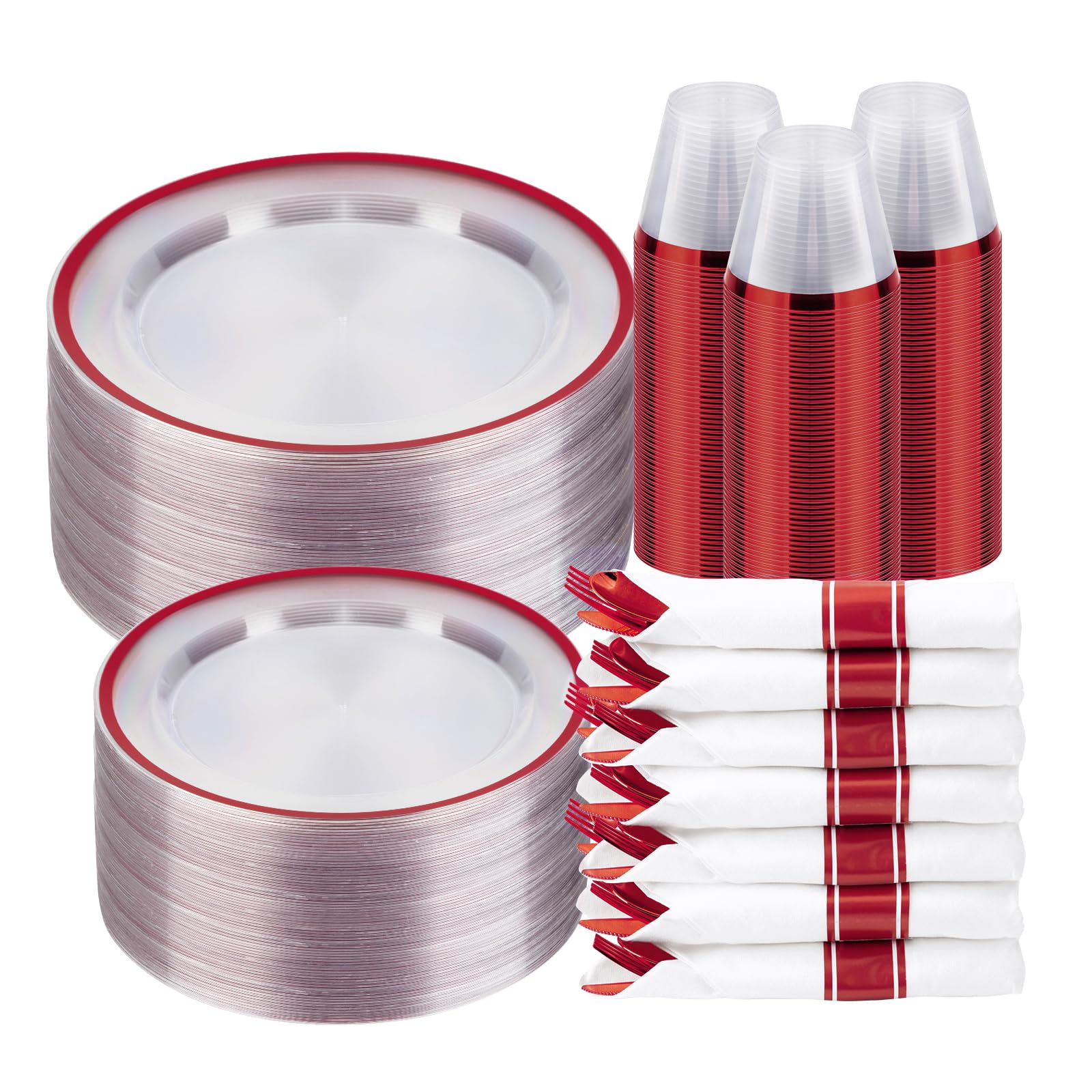 Photo 1 of BESTSTAR 350PCS Clear and Red Disposable Plates Set for 50 Guests, 100 Plastic Plates, 50 Plastic Cups, 50 Pre-Rolled Napkins with Cutlery for Party, Christmas, Thanksgiving, Birthday, Halloween