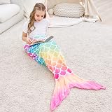 WERNNSAI Mermaid Tail Blanket Plush Wearable Kids Rainbow Scales 110x40cm view 6