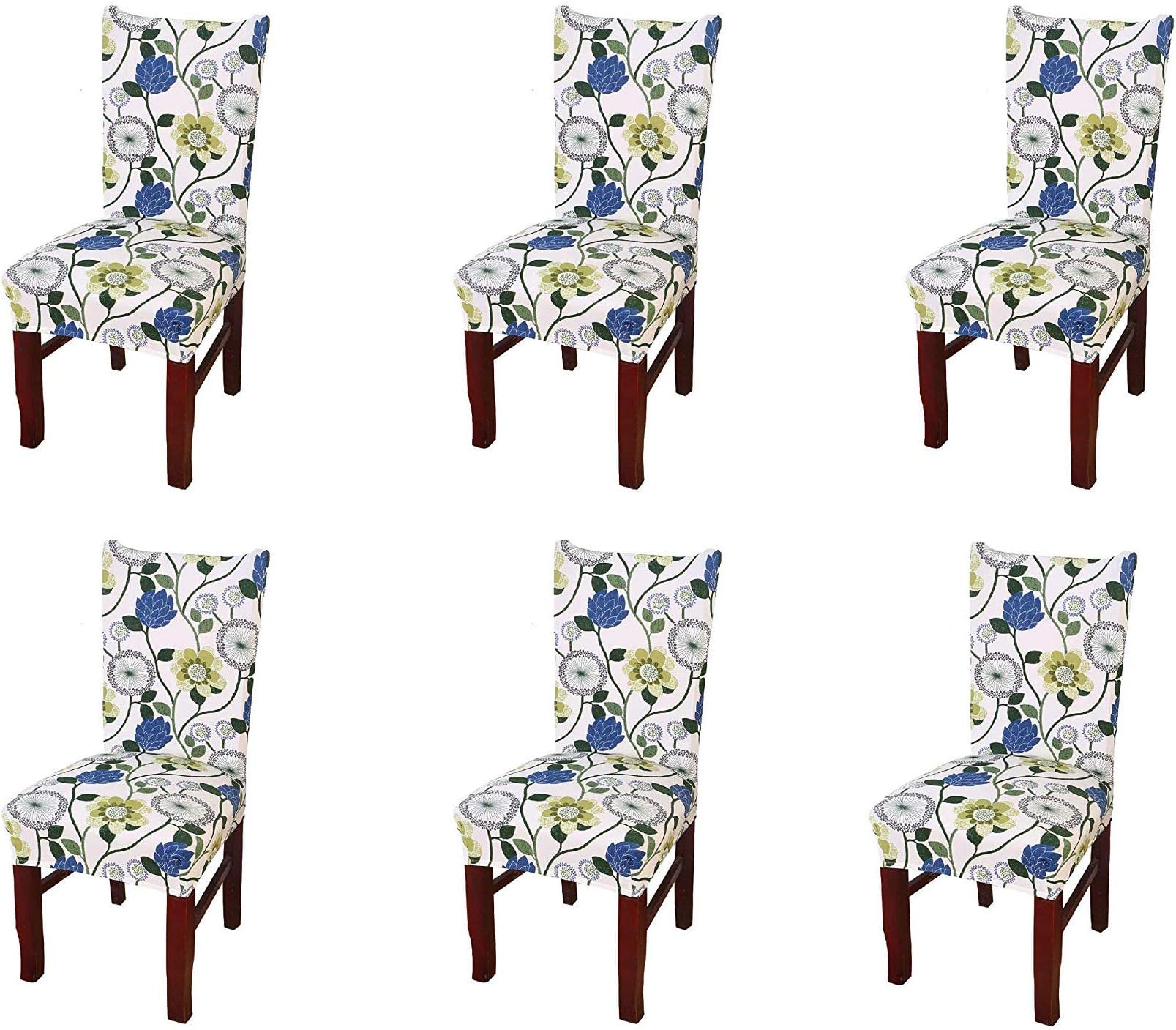 House of Quirk Polyester Spandex Printed Chair Cover Stretch Removable Washable Short Dining Chair Cover Protector Seat Slipcover (White Green Blue Flower, Pack of 6)