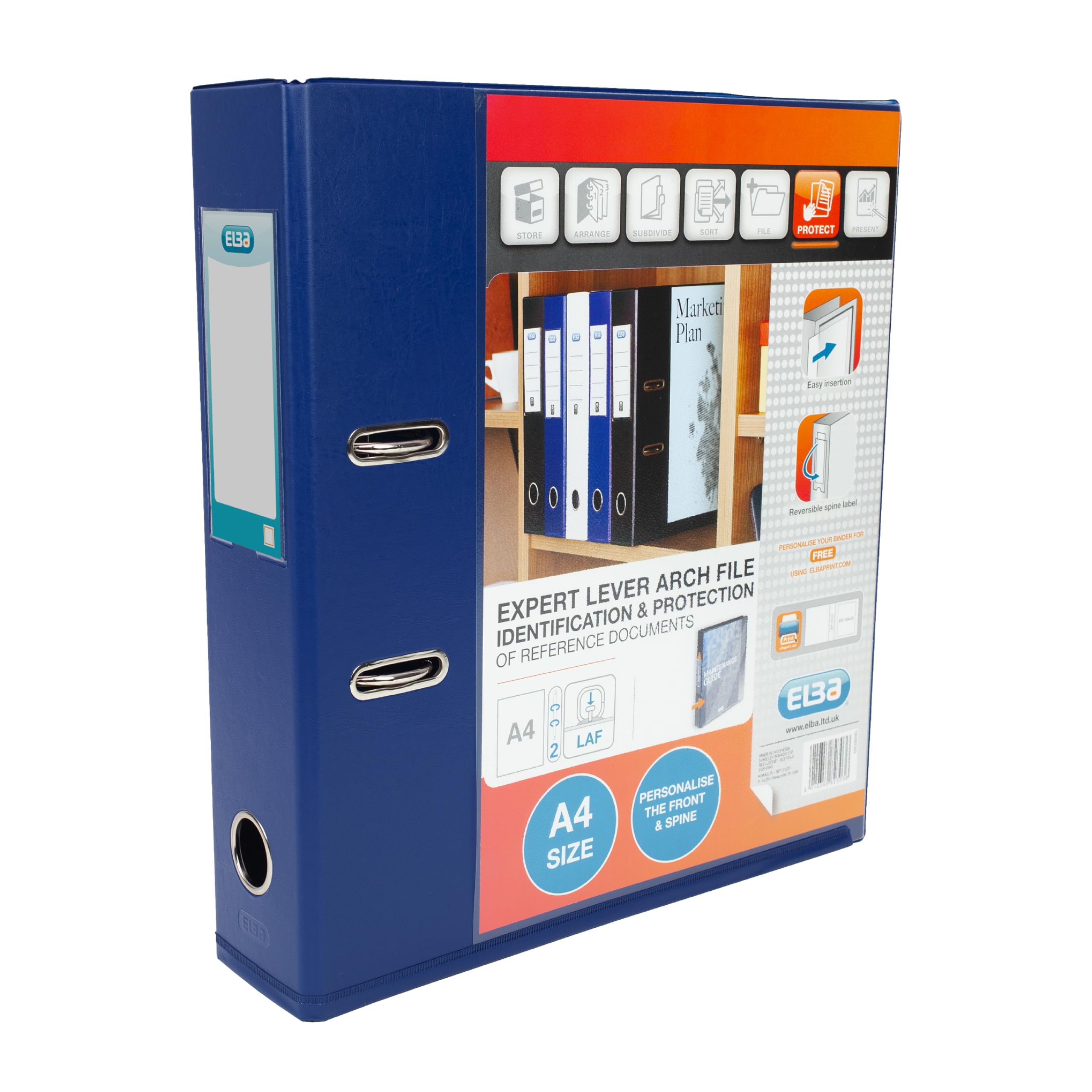 Elba A4 Lever Arch File, 70mm spine, Presentation Folder with Customisable Cover, Portrait, Blue (Single)